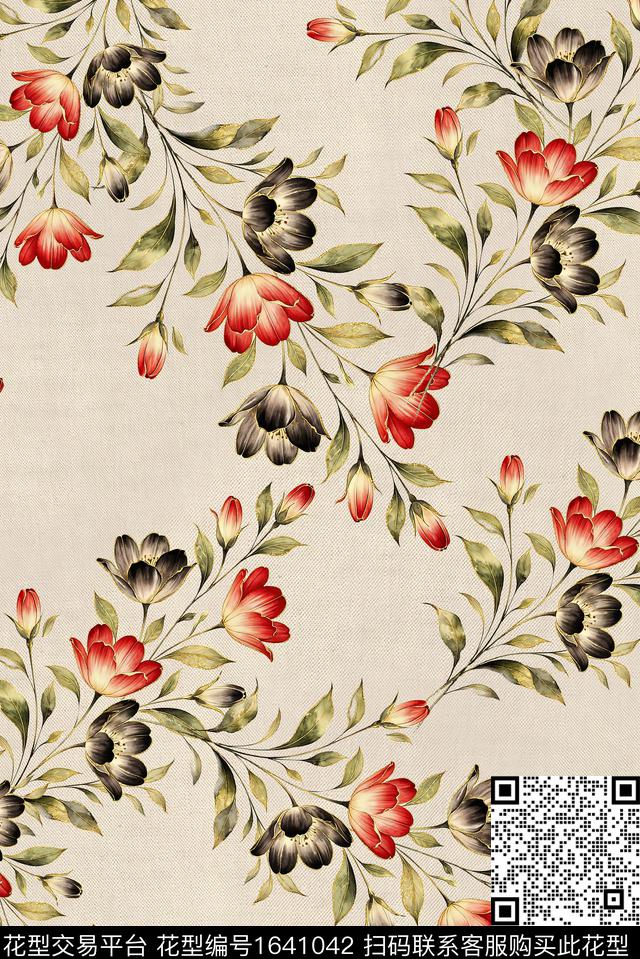 年轻女装满版散花花卉数码印花花型下载（图片编号: 1641042） - 瓦栏（Walan）