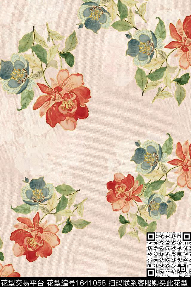 年轻女装满版散花花卉数码印花花型下载（图片编号: 1641058） - 瓦栏（Walan）