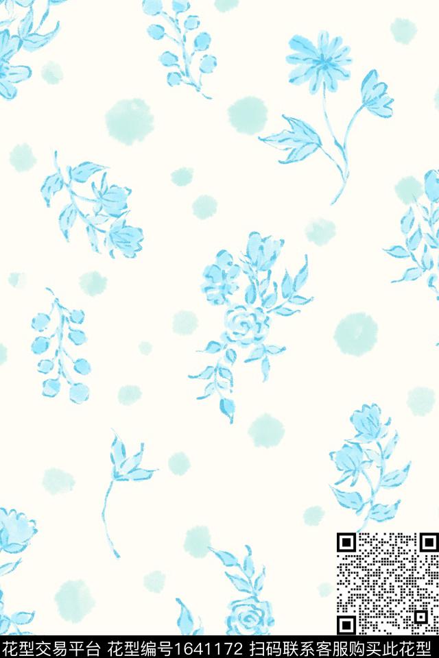 蓝白花卉小碎花数码印花花型下载（图片编号: 1641172） - 瓦栏（Walan）