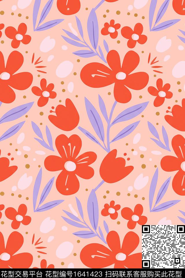 花卉波点平面花卉传统印花花型下载（图片编号: 1641423） - 瓦栏（Walan）