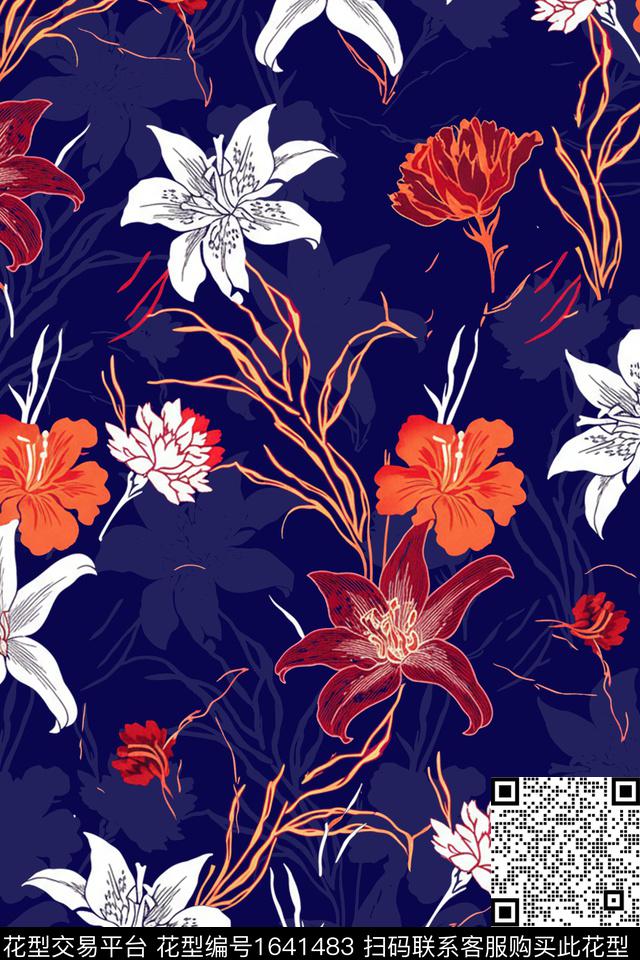 花卉剪影数码印花花型下载（图片编号: 1641483） - 瓦栏（Walan）