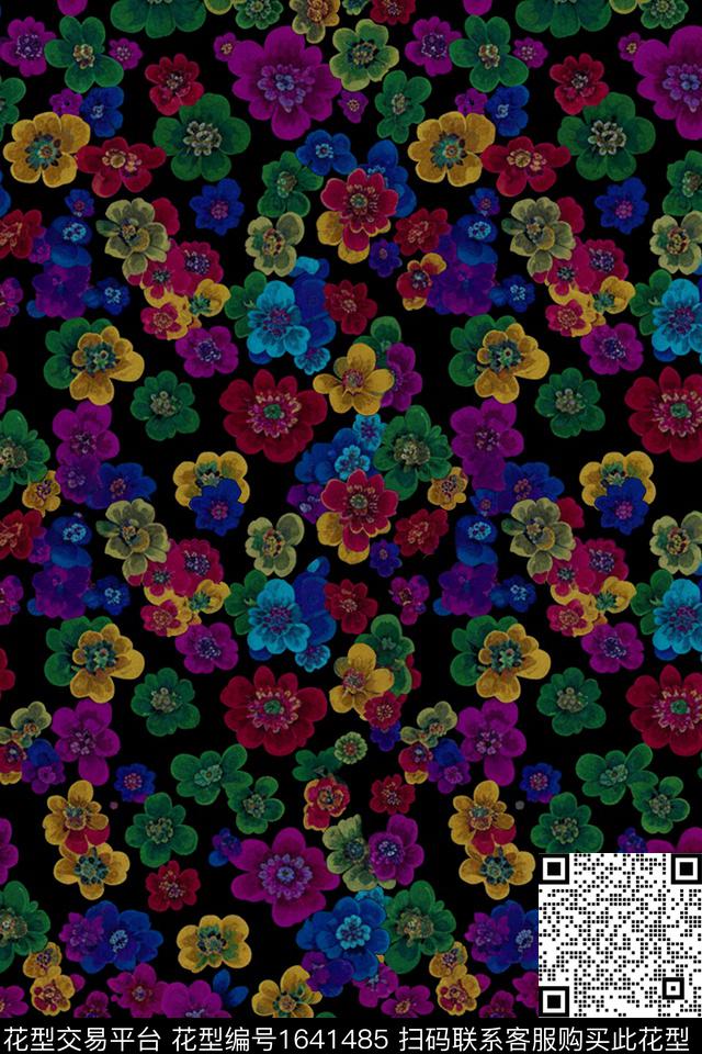 花卉黑底花卉数码印花花型下载（图片编号: 1641485） - 瓦栏（Walan）