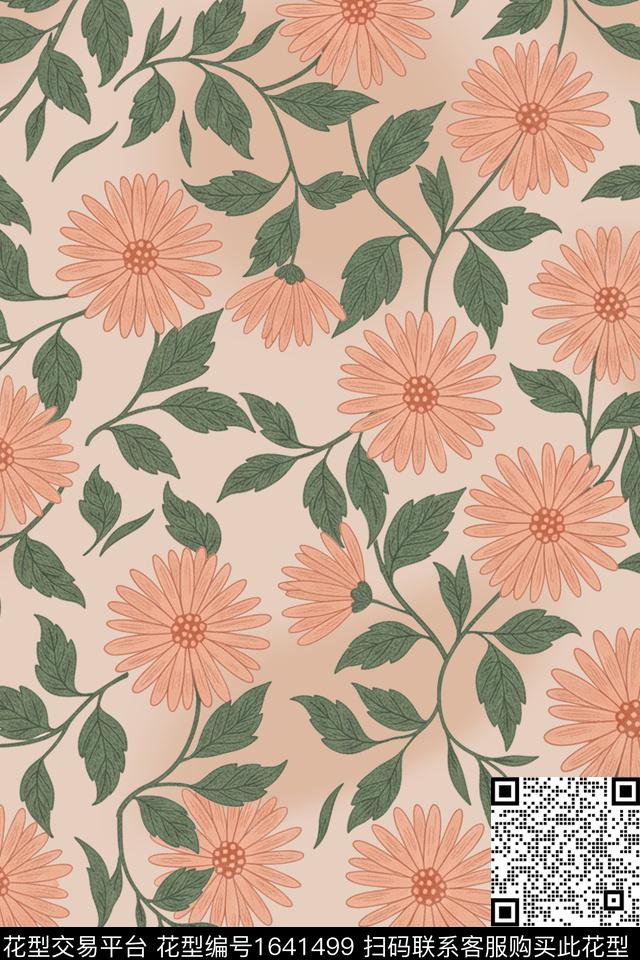 花卉菊花复古数码印花花型下载（图片编号: 1641499） - 瓦栏（Walan）
