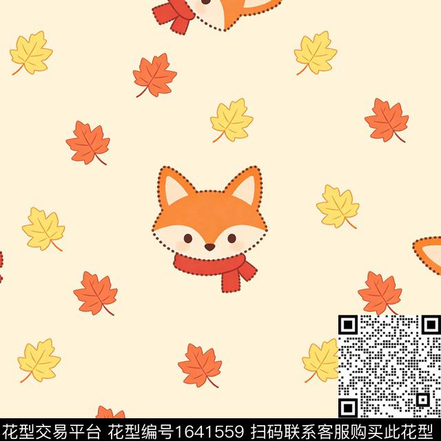 狐狸枫叶围巾数码印花花型下载（图片编号: 1641559） - 瓦栏（Walan）
