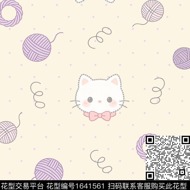 线条蝴蝶结猫数码印花花型下载（图片编号: 1641561） - 瓦栏（Walan）