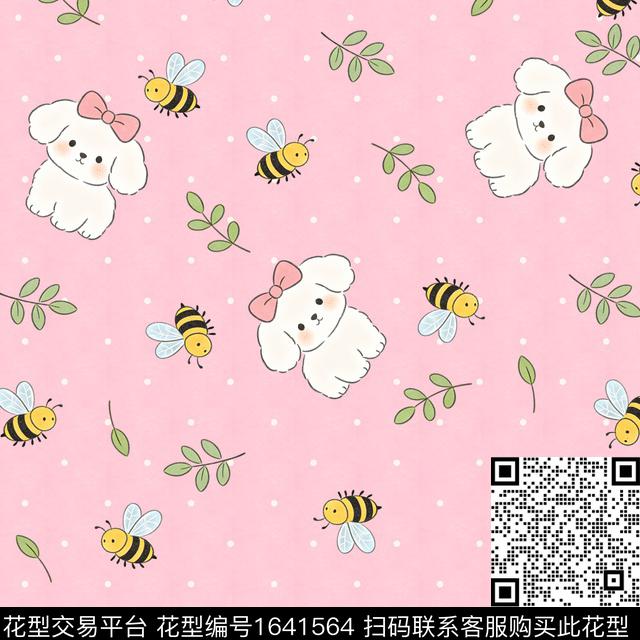 藤蔓蜜蜂白色小狗数码印花花型下载（图片编号: 1641564） - 瓦栏（Walan）