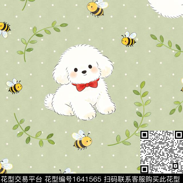 藤蔓蜜蜂白色小狗数码印花花型下载（图片编号: 1641565） - 瓦栏（Walan）