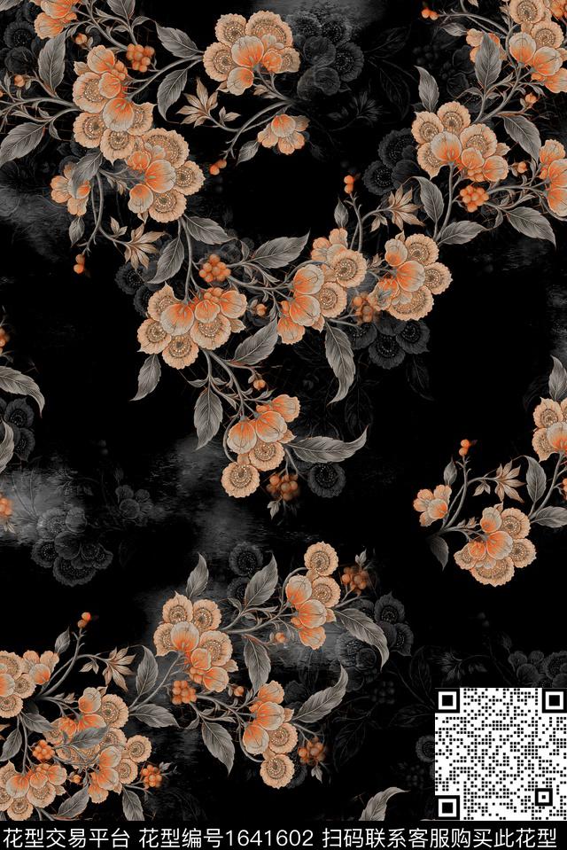 年轻女装黑底花卉满版散花数码印花花型下载（图片编号: 1641602） - 瓦栏（Walan）
