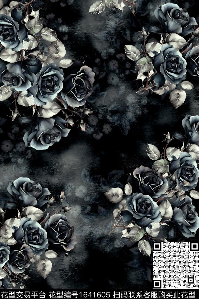年轻女装黑底花卉满版散花数码印花花型下载（图片编号: 1641605） - 瓦栏（Walan）