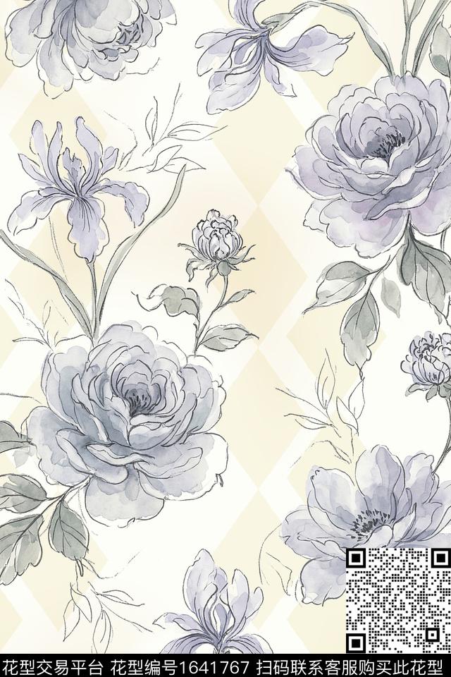 花卉水彩花卉几何数码印花花型下载（图片编号: 1641767） - 瓦栏（Walan）