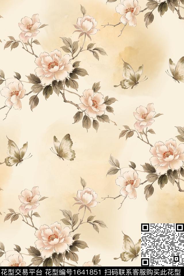 花卉水彩花卉蝴蝶数码印花花型下载（图片编号: 1641851） - 瓦栏（Walan）