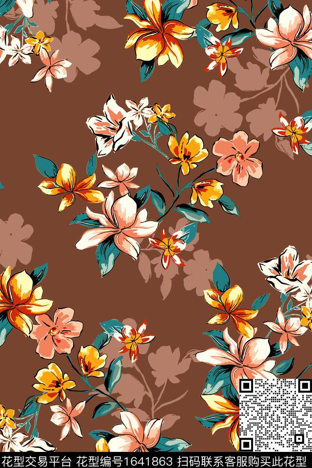 矢量花卉剪影数码印花花型下载（图片编号: 1641863） - 瓦栏（Walan）