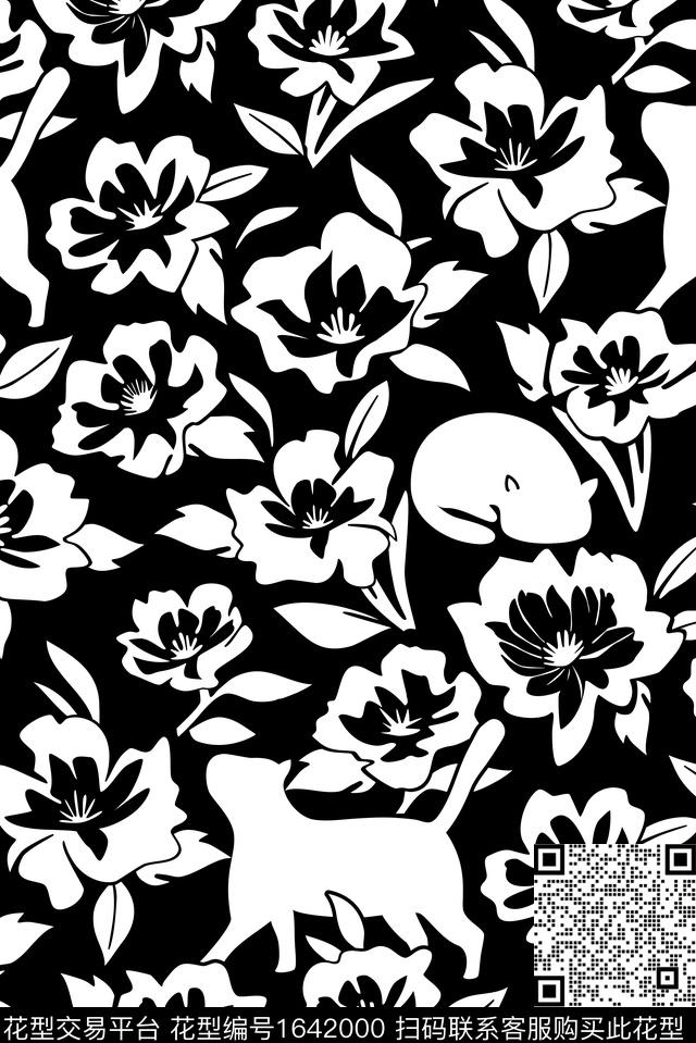 花卉黑白花型时尚数码印花花型下载（图片编号: 1642000） - 瓦栏（Walan）