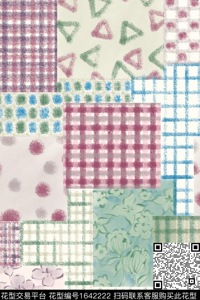 花卉格子几何数码印花花型下载（图片编号: 1642222） - 瓦栏（Walan）