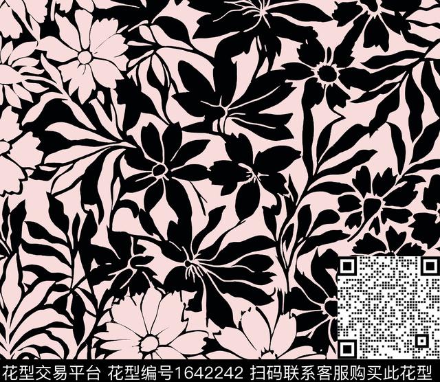 花卉黑白花卉剪影数码印花花型下载（图片编号: 1642242） - 瓦栏（Walan）