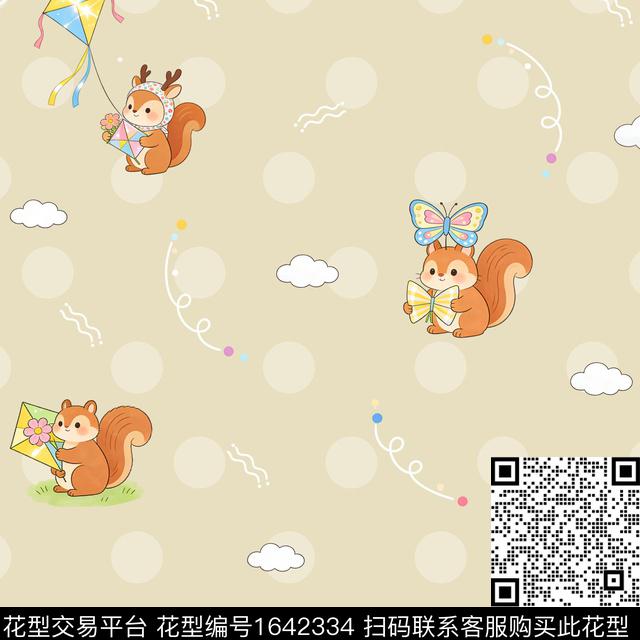 松鼠线条蝴蝶数码印花花型下载（图片编号: 1642334） - 瓦栏（Walan）