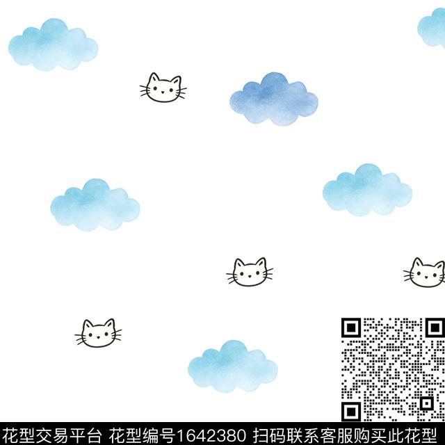 云朵水彩猫头数码印花花型下载（图片编号: 1642380） - 瓦栏（Walan）
