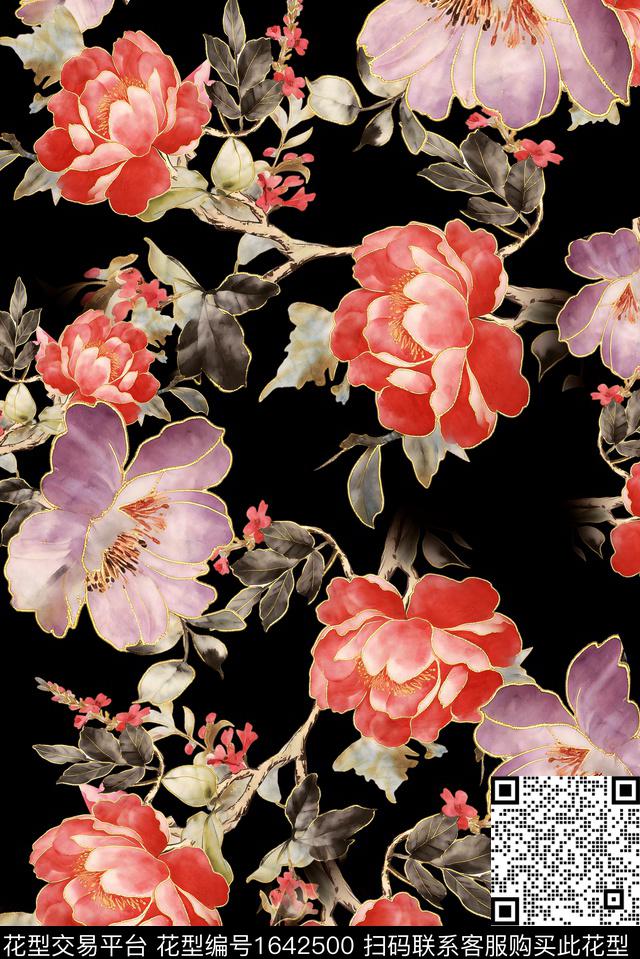 年轻女装黑底花卉满版散花数码印花花型下载（图片编号: 1642500） - 瓦栏（Walan）