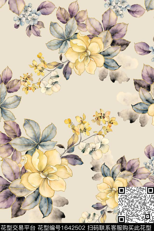 年轻女装黑底花卉满版散花数码印花花型下载（图片编号: 1642502） - 瓦栏（Walan）
