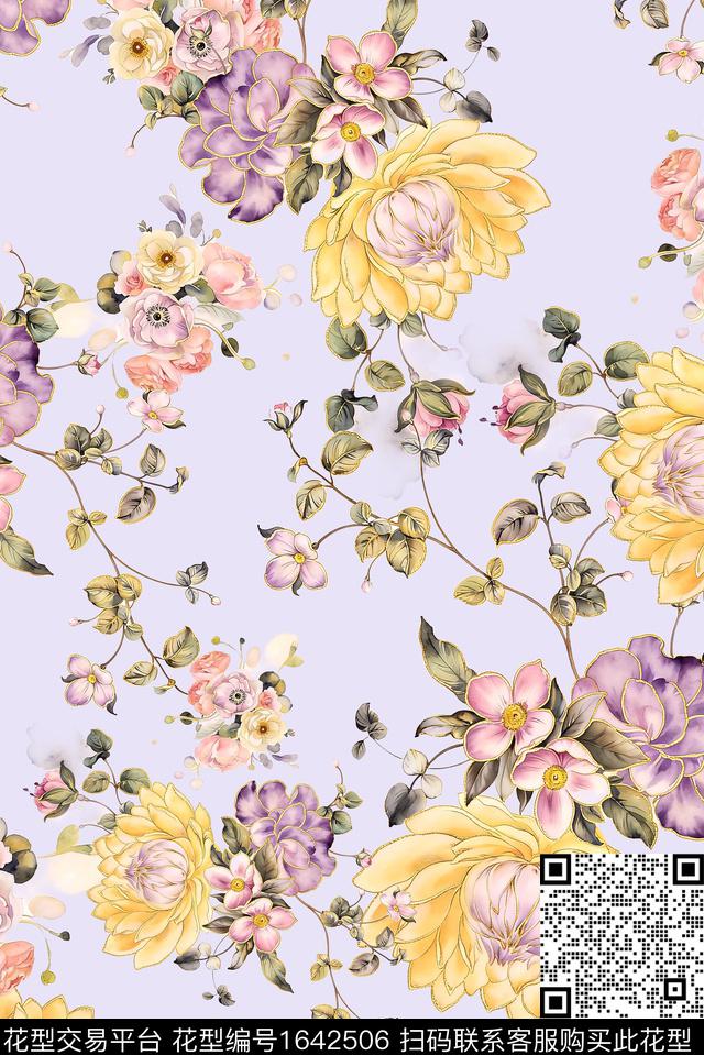 年轻女装黑底花卉满版散花数码印花花型下载（图片编号: 1642506） - 瓦栏（Walan）