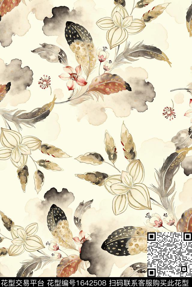 年轻女装黑底花卉满版散花数码印花花型下载（图片编号: 1642508） - 瓦栏（Walan）