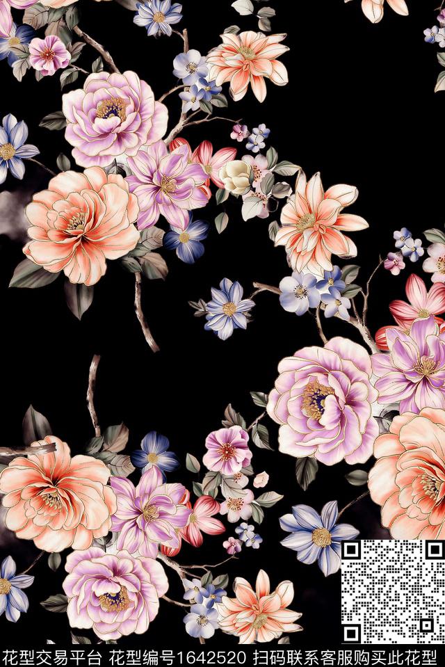 年轻女装黑底花卉满版散花数码印花花型下载（图片编号: 1642520） - 瓦栏（Walan）