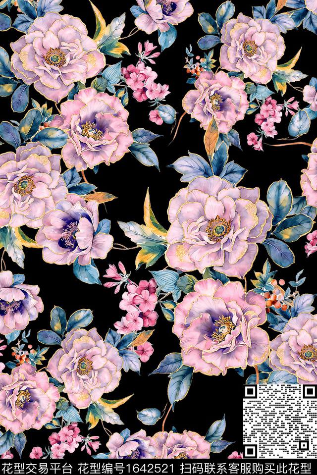 年轻女装黑底花卉满版散花数码印花花型下载（图片编号: 1642521） - 瓦栏（Walan）