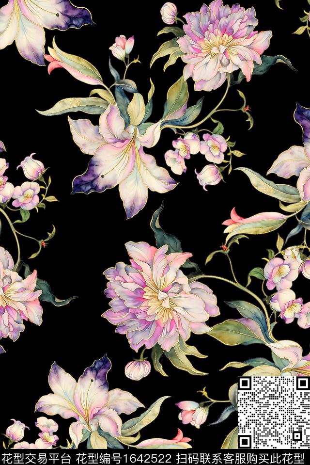 年轻女装黑底花卉满版散花数码印花花型下载（图片编号: 1642522） - 瓦栏（Walan）