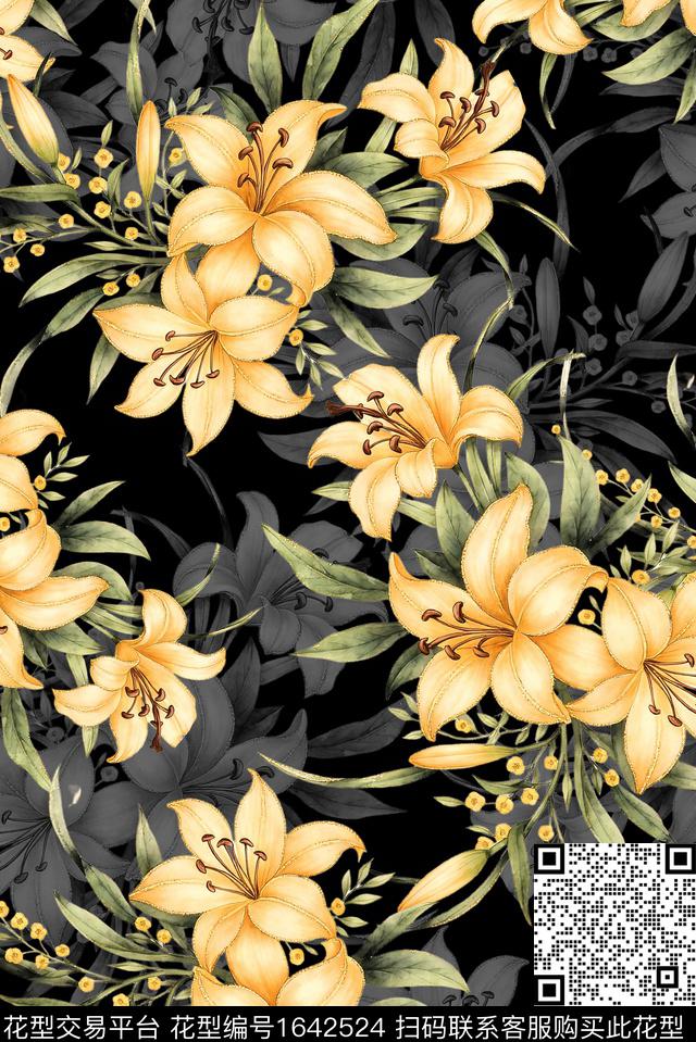 年轻女装黑底花卉满版散花数码印花花型下载（图片编号: 1642524） - 瓦栏（Walan）