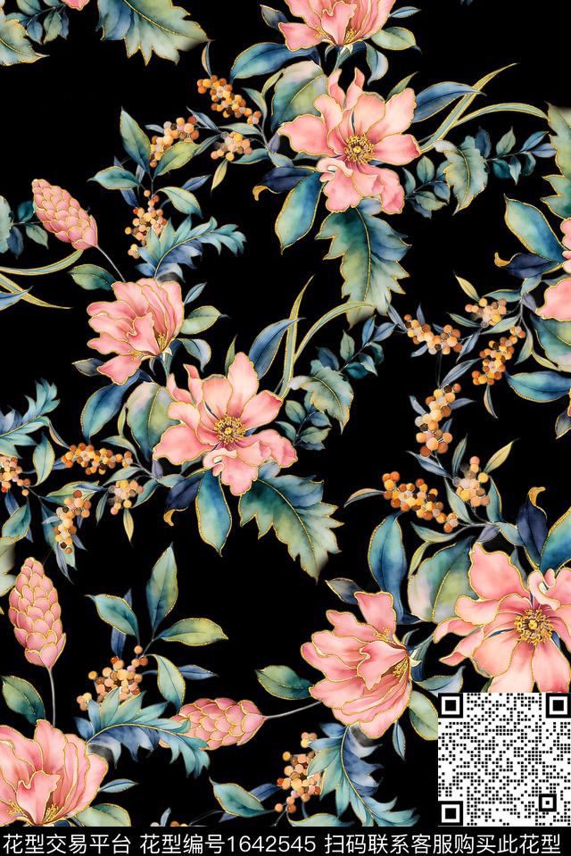年轻女装黑底花卉满版散花数码印花花型下载（图片编号: 1642545） - 瓦栏（Walan）