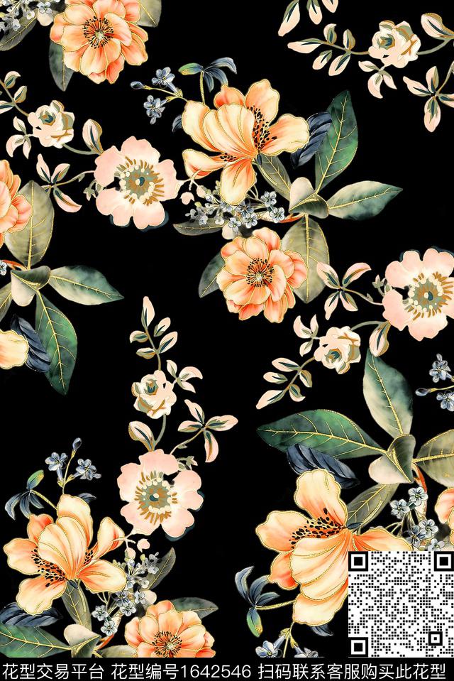 年轻女装黑底花卉满版散花数码印花花型下载（图片编号: 1642546） - 瓦栏（Walan）