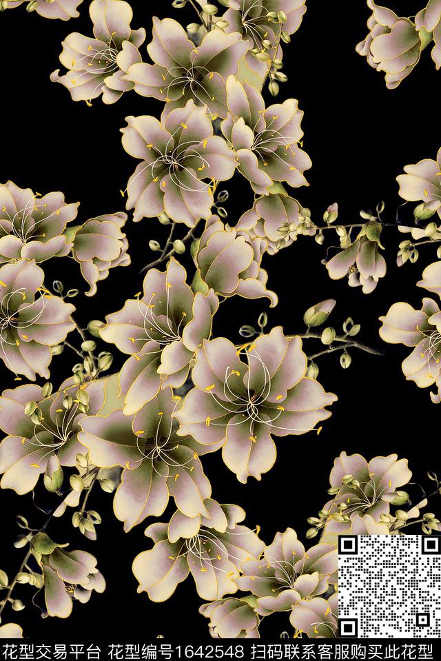 年轻女装黑底花卉满版散花数码印花花型下载（图片编号: 1642548） - 瓦栏（Walan）