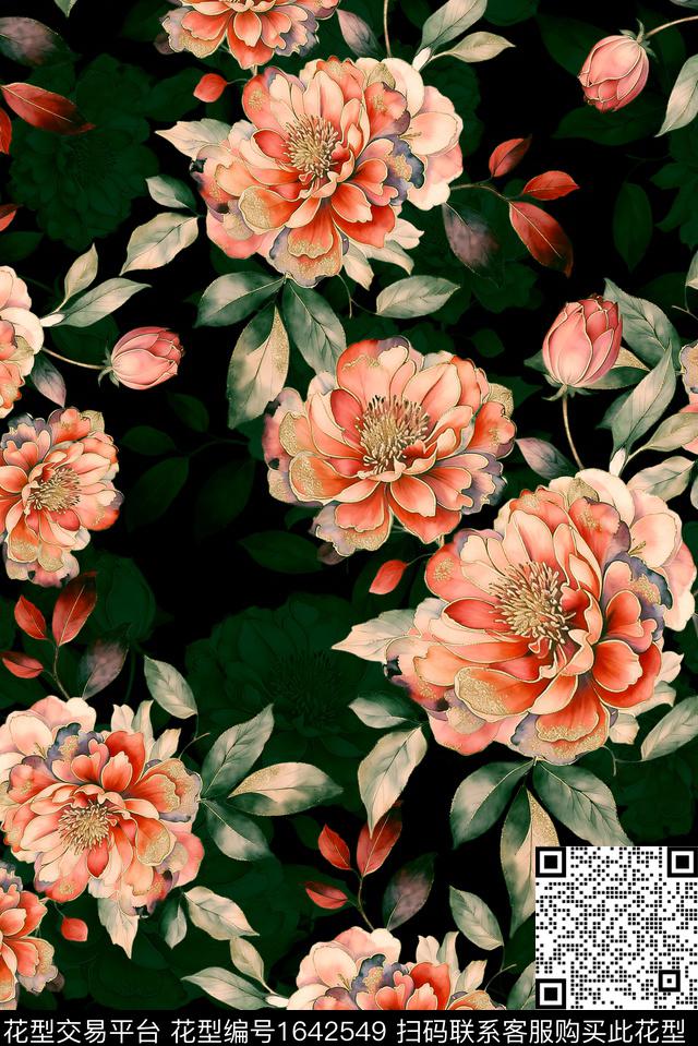 年轻女装黑底花卉满版散花数码印花花型下载（图片编号: 1642549） - 瓦栏（Walan）