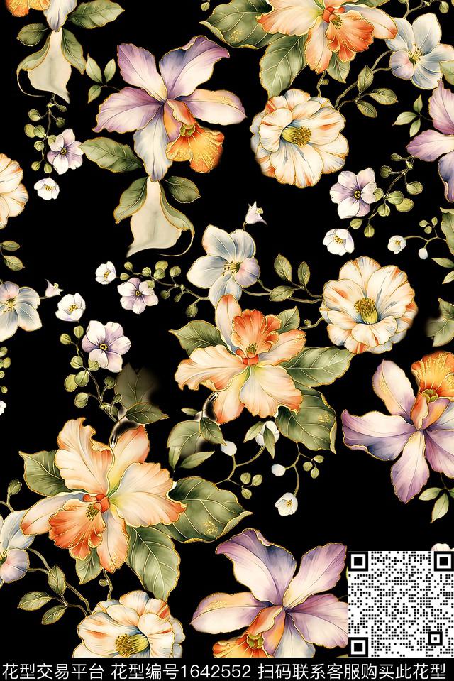 年轻女装黑底花卉满版散花数码印花花型下载（图片编号: 1642552） - 瓦栏（Walan）