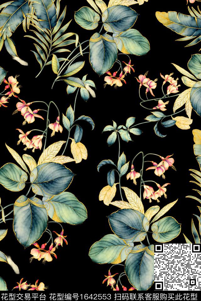 年轻女装黑底花卉满版散花数码印花花型下载（图片编号: 1642553） - 瓦栏（Walan）
