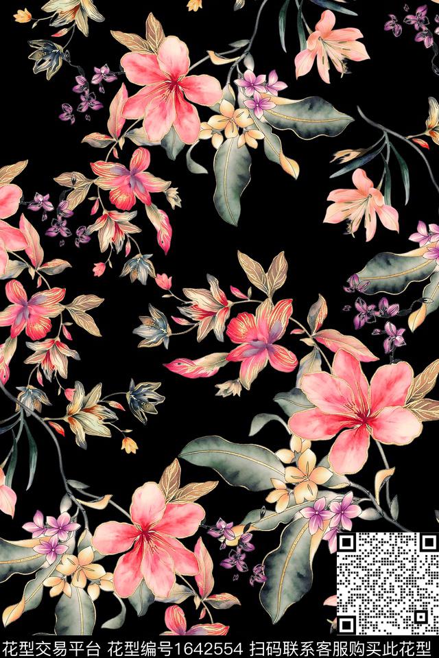 年轻女装黑底花卉满版散花数码印花花型下载（图片编号: 1642554） - 瓦栏（Walan）