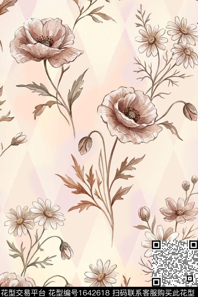 花卉水彩花卉菱形数码印花花型下载（图片编号: 1642618） - 瓦栏（Walan）