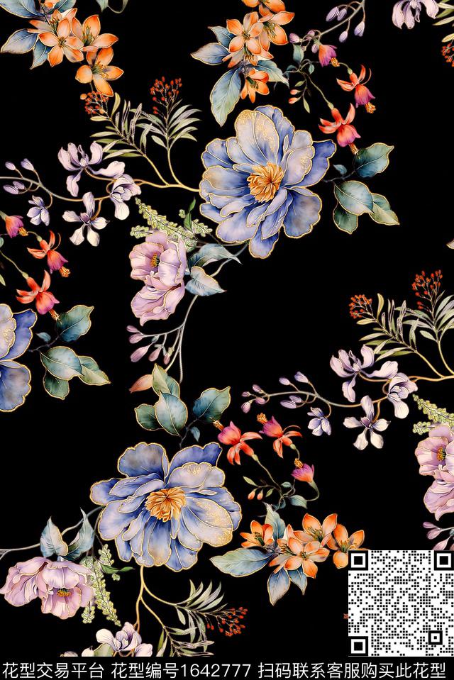 年轻女装黑底花卉满版散花数码印花花型下载（图片编号: 1642777） - 瓦栏（Walan）