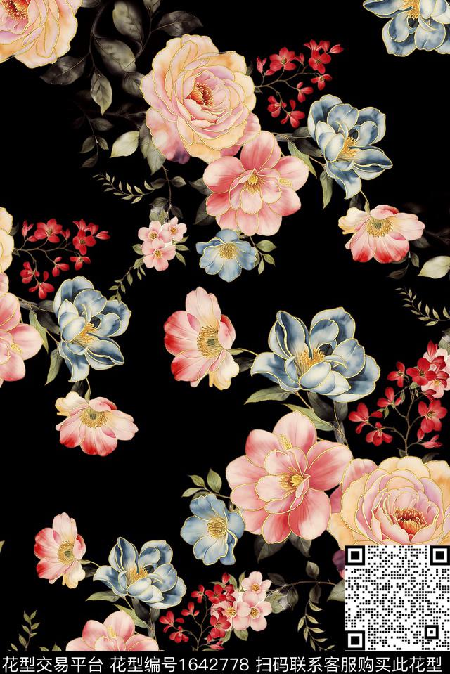 年轻女装黑底花卉满版散花数码印花花型下载（图片编号: 1642778） - 瓦栏（Walan）