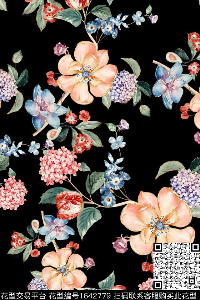 年轻女装黑底花卉满版散花数码印花花型下载（图片编号: 1642779） - 瓦栏（Walan）