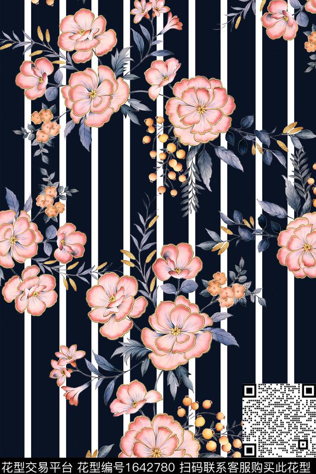 年轻女装黑底花卉满版散花数码印花花型下载（图片编号: 1642780） - 瓦栏（Walan）