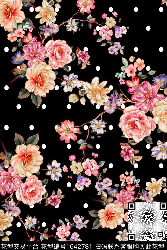 年轻女装黑底花卉满版散花数码印花花型下载（图片编号: 1642781） - 瓦栏（Walan）
