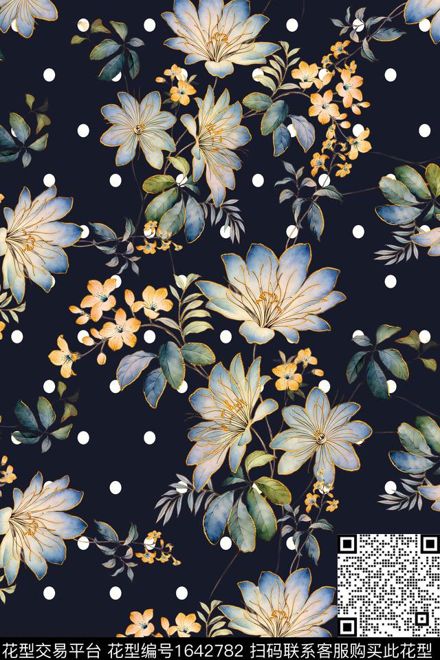 年轻女装黑底花卉满版散花数码印花花型下载（图片编号: 1642782） - 瓦栏（Walan）