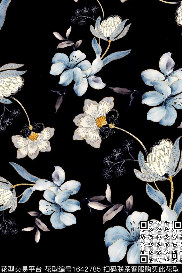 年轻女装黑底花卉满版散花数码印花花型下载（图片编号: 1642785） - 瓦栏（Walan）