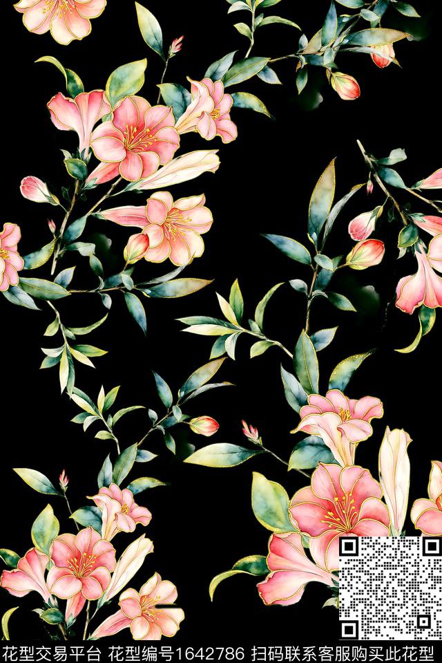 年轻女装黑底花卉满版散花数码印花花型下载（图片编号: 1642786） - 瓦栏（Walan）