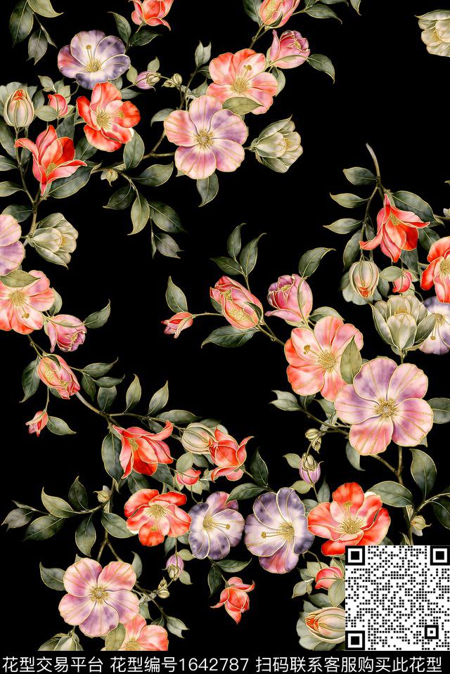 年轻女装黑底花卉满版散花数码印花花型下载（图片编号: 1642787） - 瓦栏（Walan）