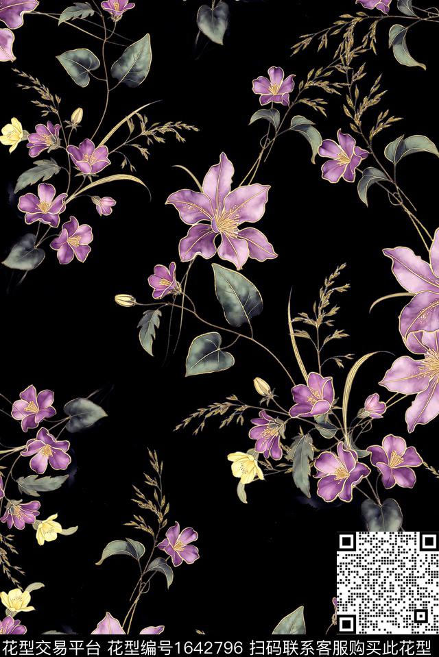 年轻女装黑底花卉满版散花数码印花花型下载（图片编号: 1642796） - 瓦栏（Walan）