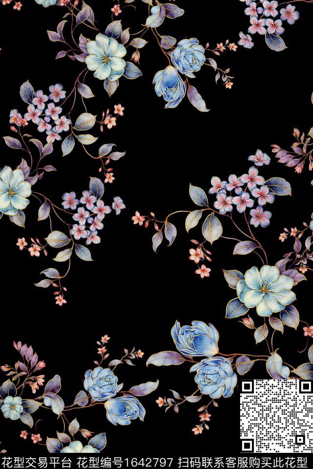 年轻女装黑底花卉满版散花数码印花花型下载（图片编号: 1642797） - 瓦栏（Walan）