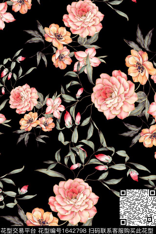 年轻女装黑底花卉满版散花数码印花花型下载（图片编号: 1642798） - 瓦栏（Walan）