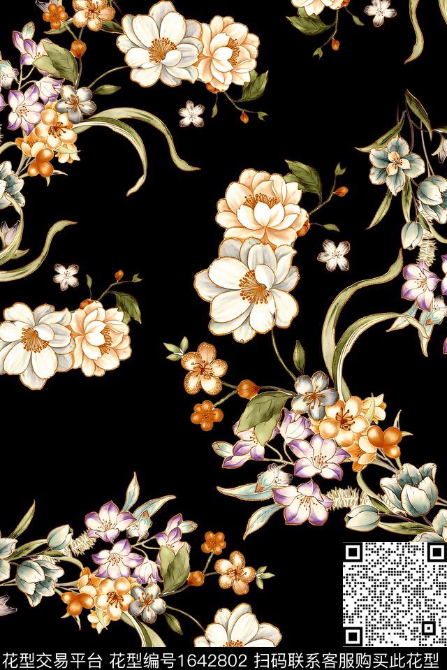 年轻女装黑底花卉满版散花数码印花花型下载（图片编号: 1642802） - 瓦栏（Walan）